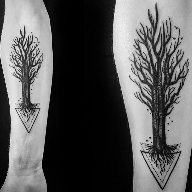Tattoo of a leafless tree with roots growing inside a downward pointing triangle on a forearm, creating an enigmatic silhouette