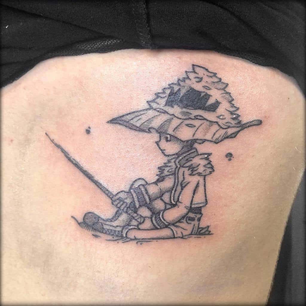 Minimalist tattoo of Gon Freecss from Hunter x Hunter, sitting with a fishing rod and wearing his iconic straw hat in a relaxed pose
