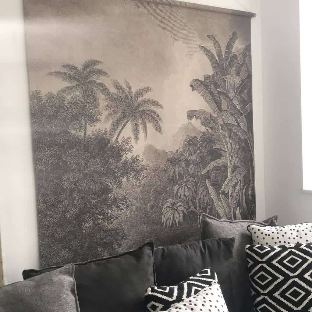 gray forest mural living room