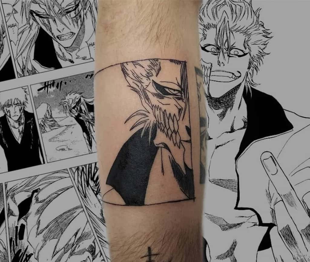 Black ink manga panel tattoo of Grimmjow Jaegerjaquez from Bleach, showcasing his fierce Hollow form with sharp teeth and intense expression