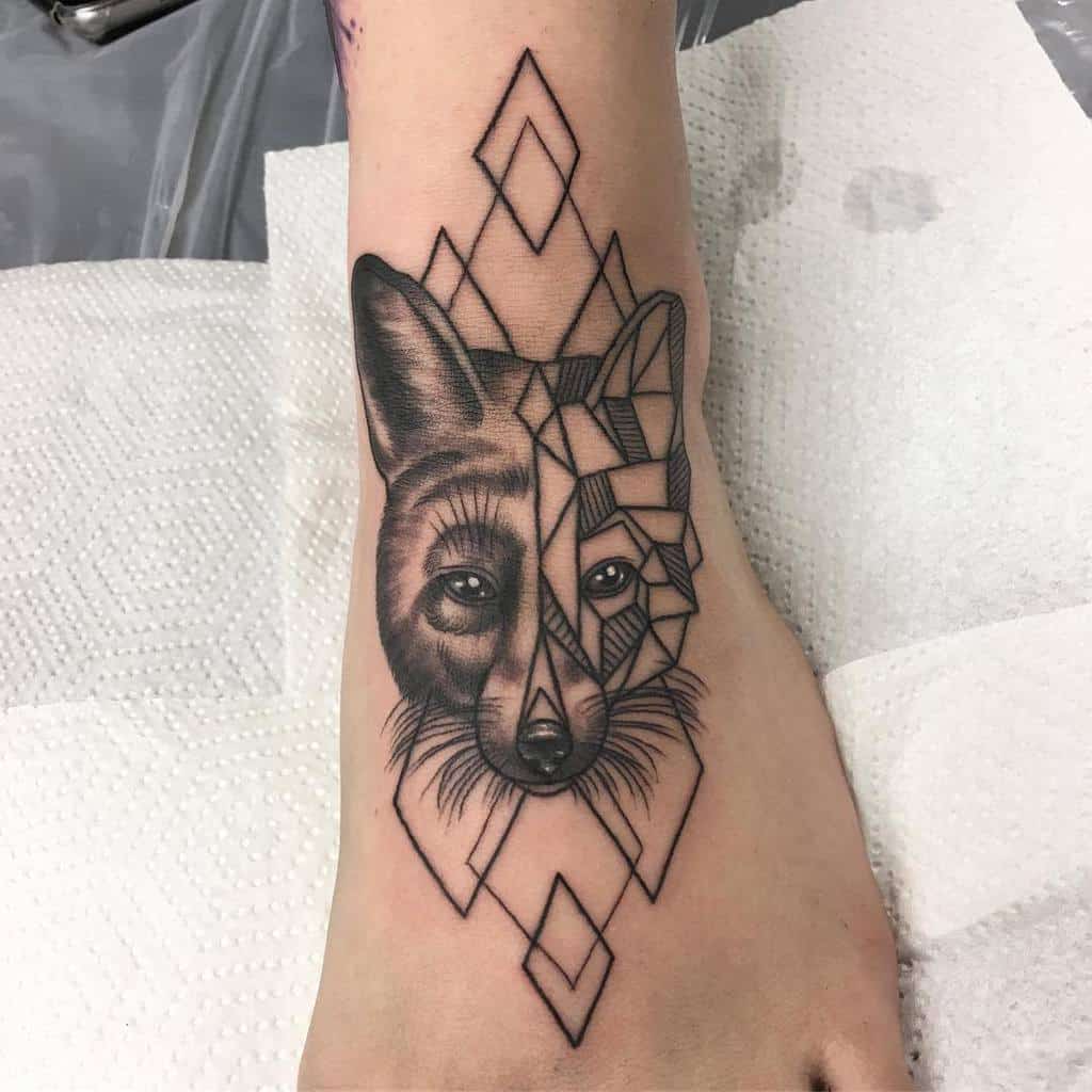 Tattoo of a geometric fox face on a foot, with half in realistic style and the other half in intricate geometric design