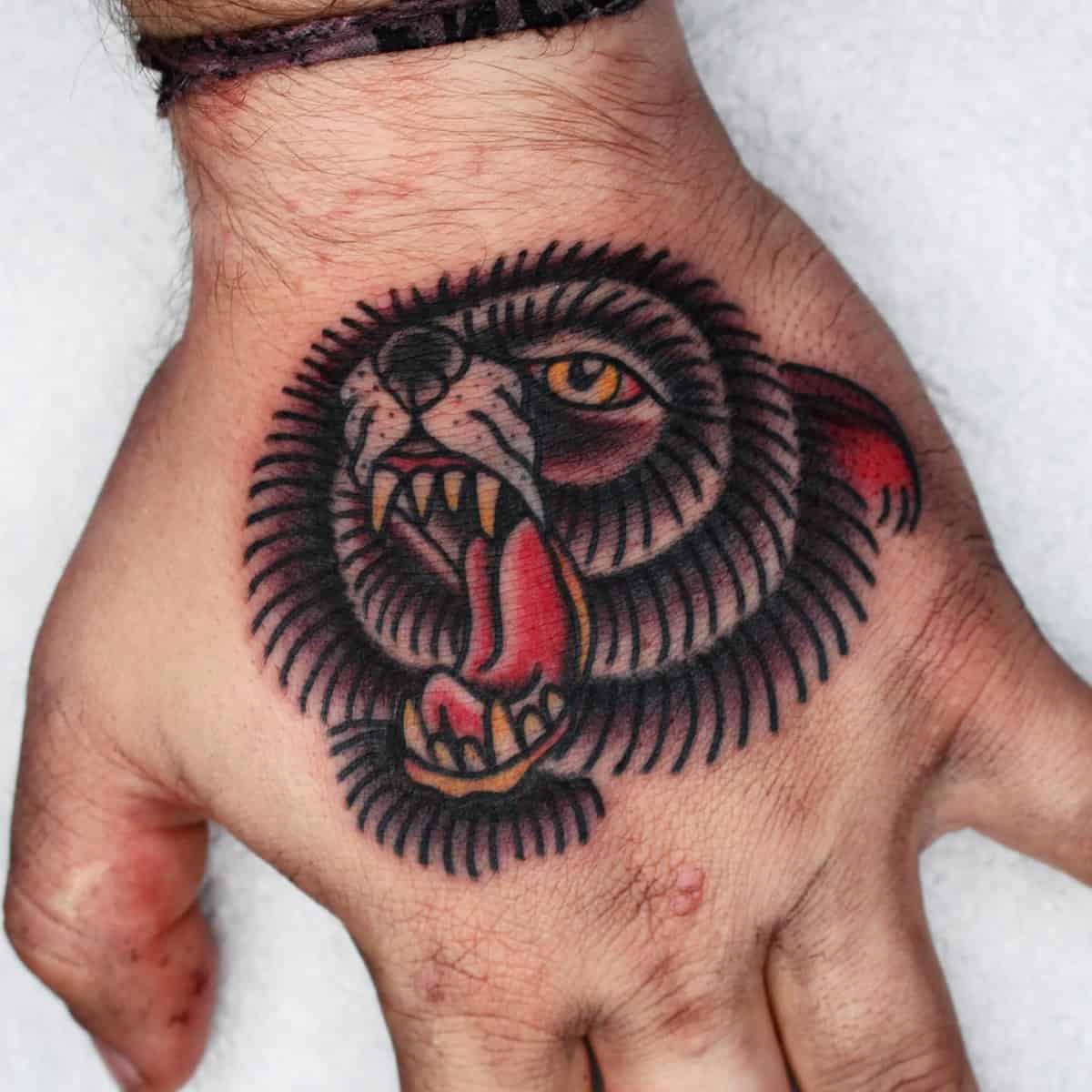 Hand tattoo depicting a roaring tiger with an open mouth, sharp teeth, and the fierce presence of a bear