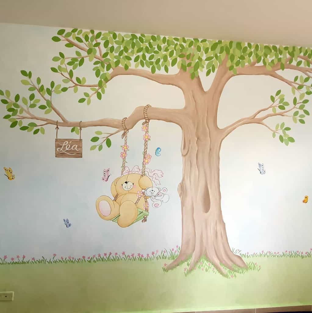 hand painted teddybear on a swing wall mural