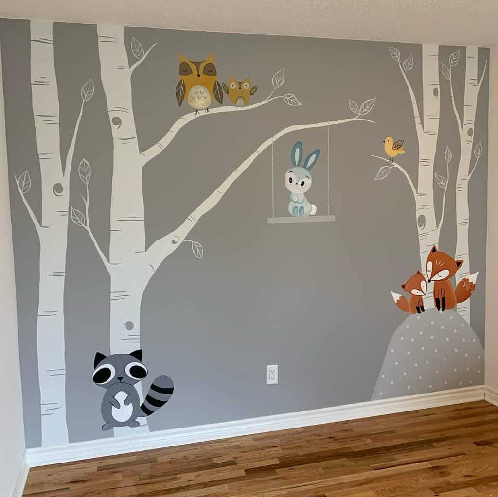 hand painted animals in forest kids wall mural