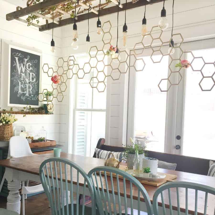 dining room table bench seat hexagon hanging lights 