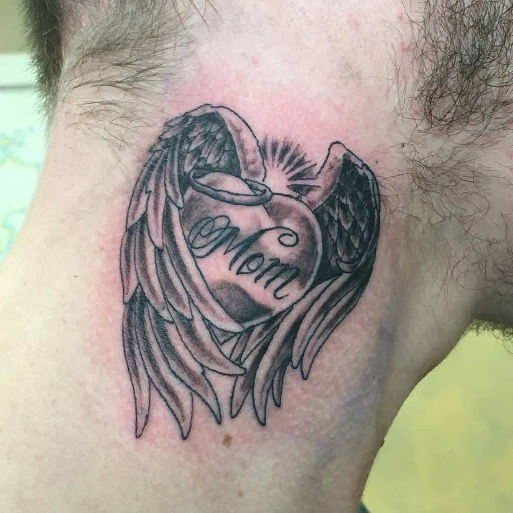 Tattoo of a heart with angel wings and the word "Mom" gracefully inked on the back of a person's neck