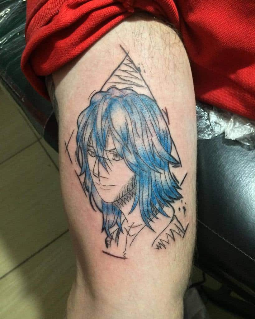 A black and blue ink tattoo of a One Punch Man character with long flowing hair, set within a triangular frame with sketch-style lines