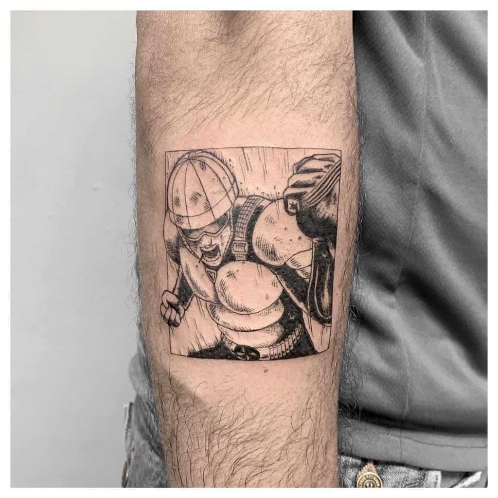A black ink manga-style tattoo of Mumen Rider from One Punch Man in an action pose, framed within a detailed panel design