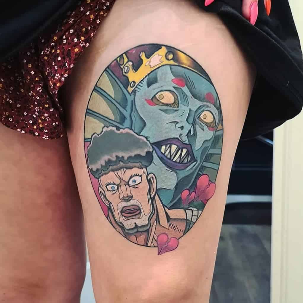 A colorful tattoo of Puri-Puri Prisoner and Deep Sea King from One Punch Man, framed in an oval design with heart accents