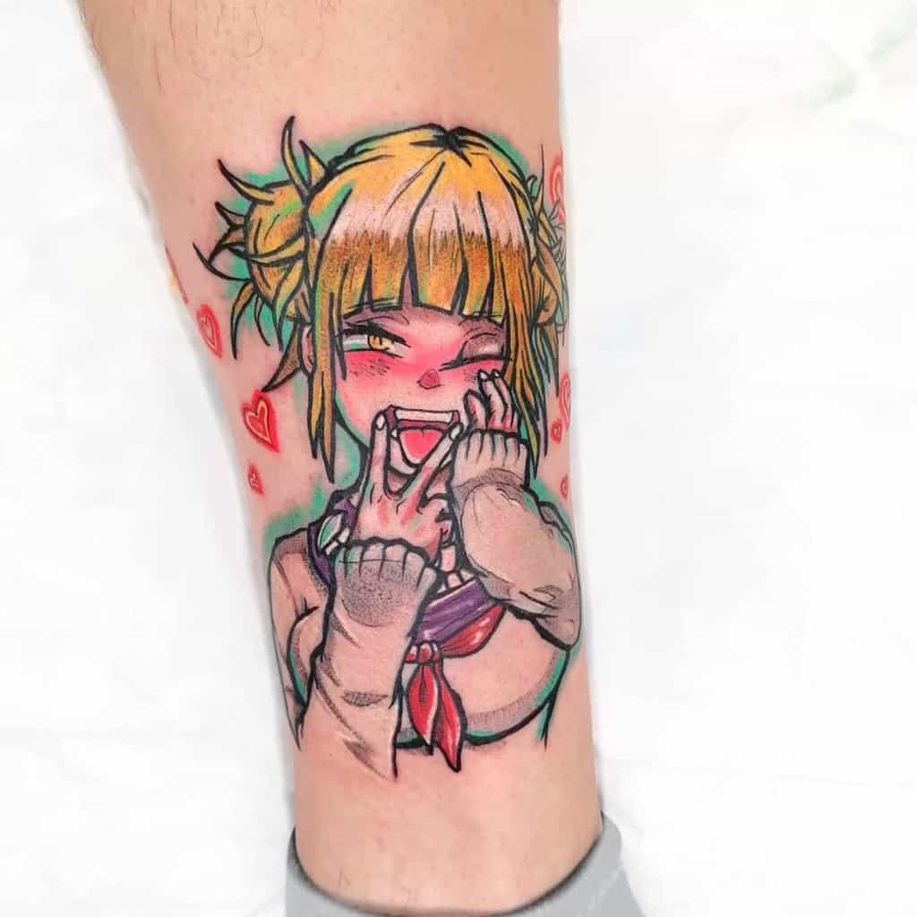 Colorful tattoo of Himiko Toga from My Hero Academia, winking and making a playful hand gesture, surrounded by small red hearts