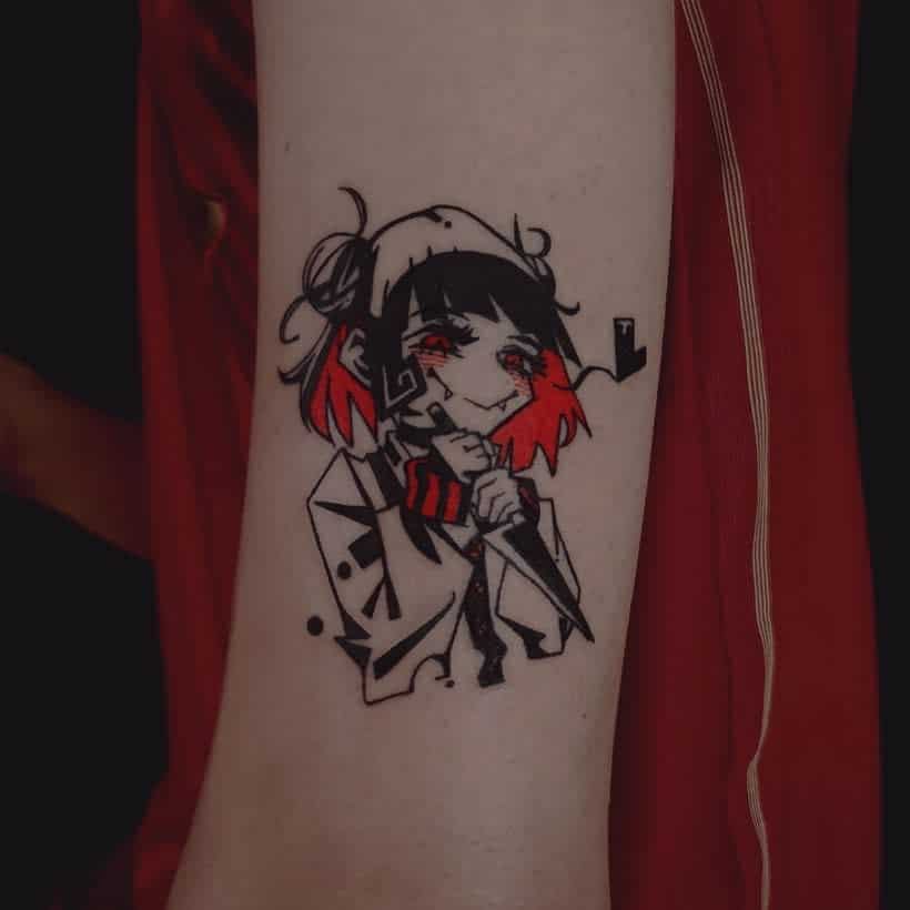 Stylized black and red tattoo of Himiko Toga from My Hero Academia, featuring her mischievous grin, short hair with red tips, and a knife