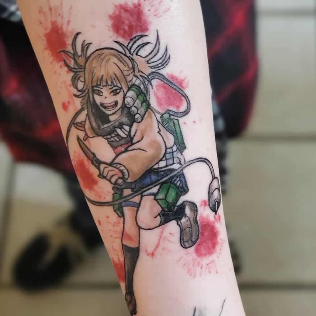 Dynamic tattoo of Himiko Toga from My Hero Academia, holding a knife with a sinister grin, featuring blood splatter effects in the background