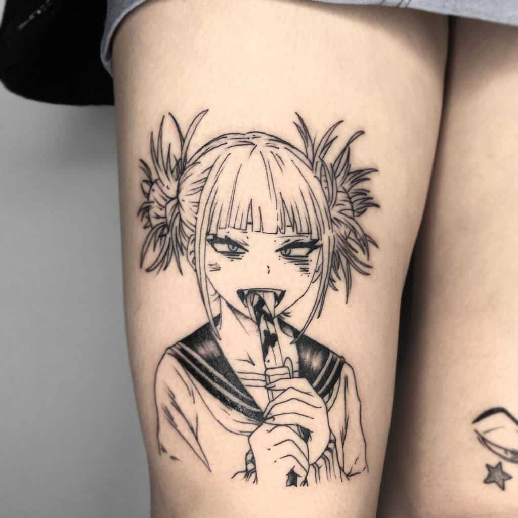 This tattoo features a detailed portrayal of an anime character, highlighting their unique hairstyle and mischievous expression, complemented by clean and precise linework