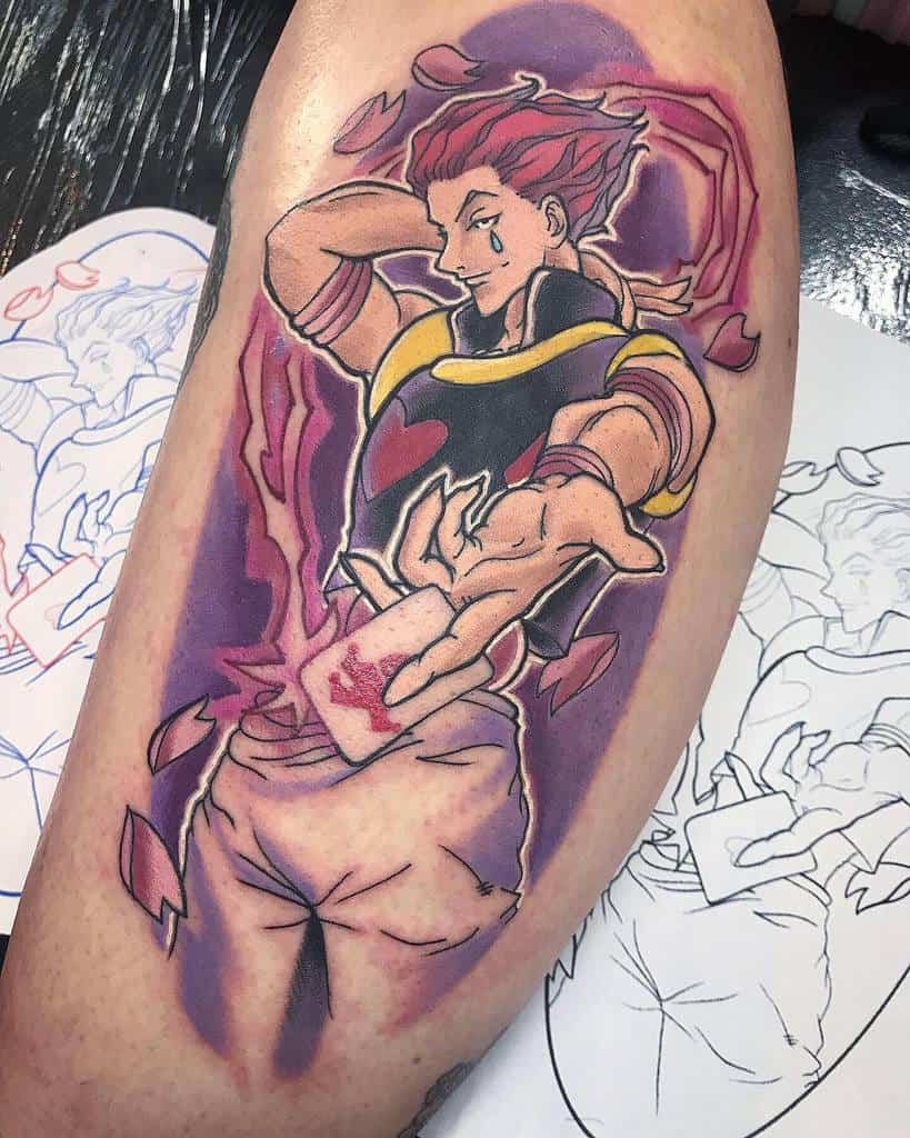 Vibrant tattoo of Hisoka Morow from Hunter X Hunter, showcasing his iconic playing card and dramatic purple and pink accents