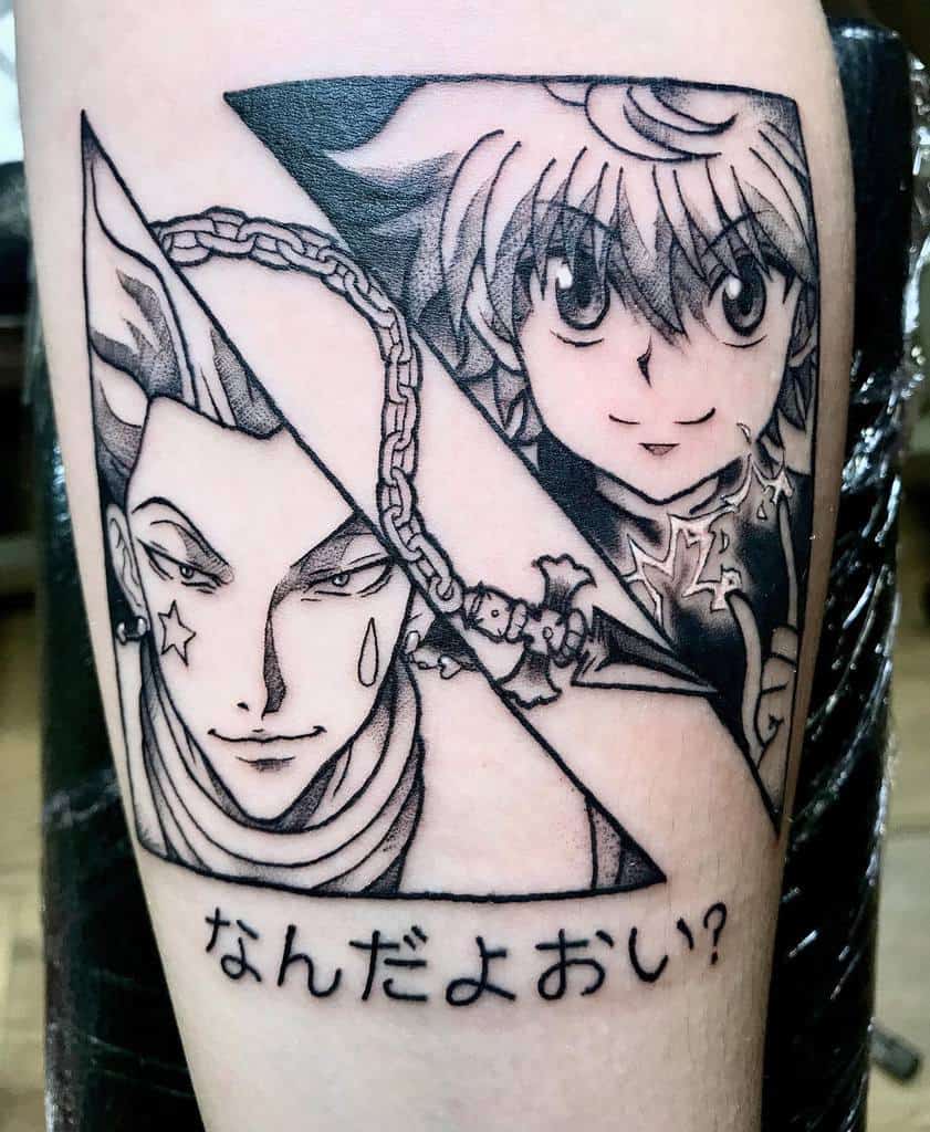 Black-and-white tattoo of Hisoka and Killua from Hunter X Hunter, featuring sharp details, chains, and Japanese text for added flair