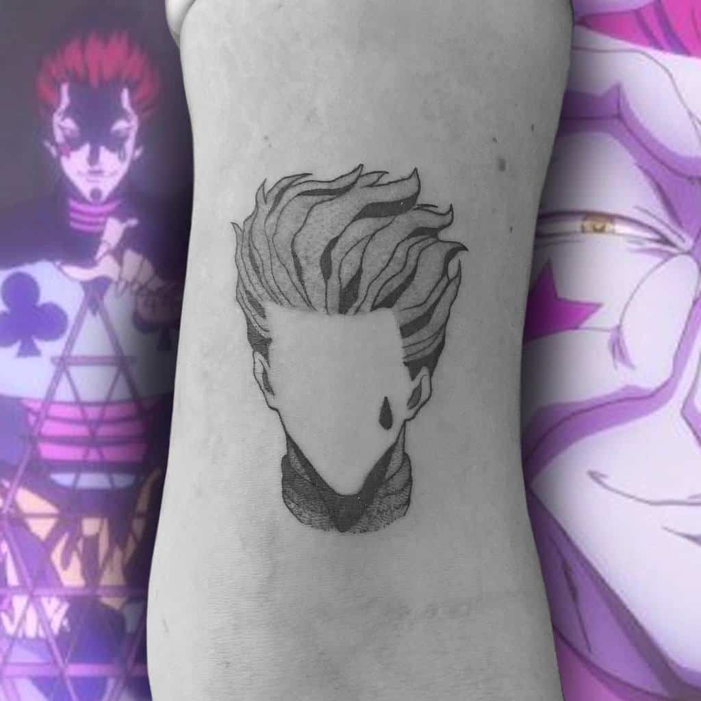 Minimalist Hisoka Morow tattoo from Hunter X Hunter, featuring his signature hairstyle and tear mark without facial details