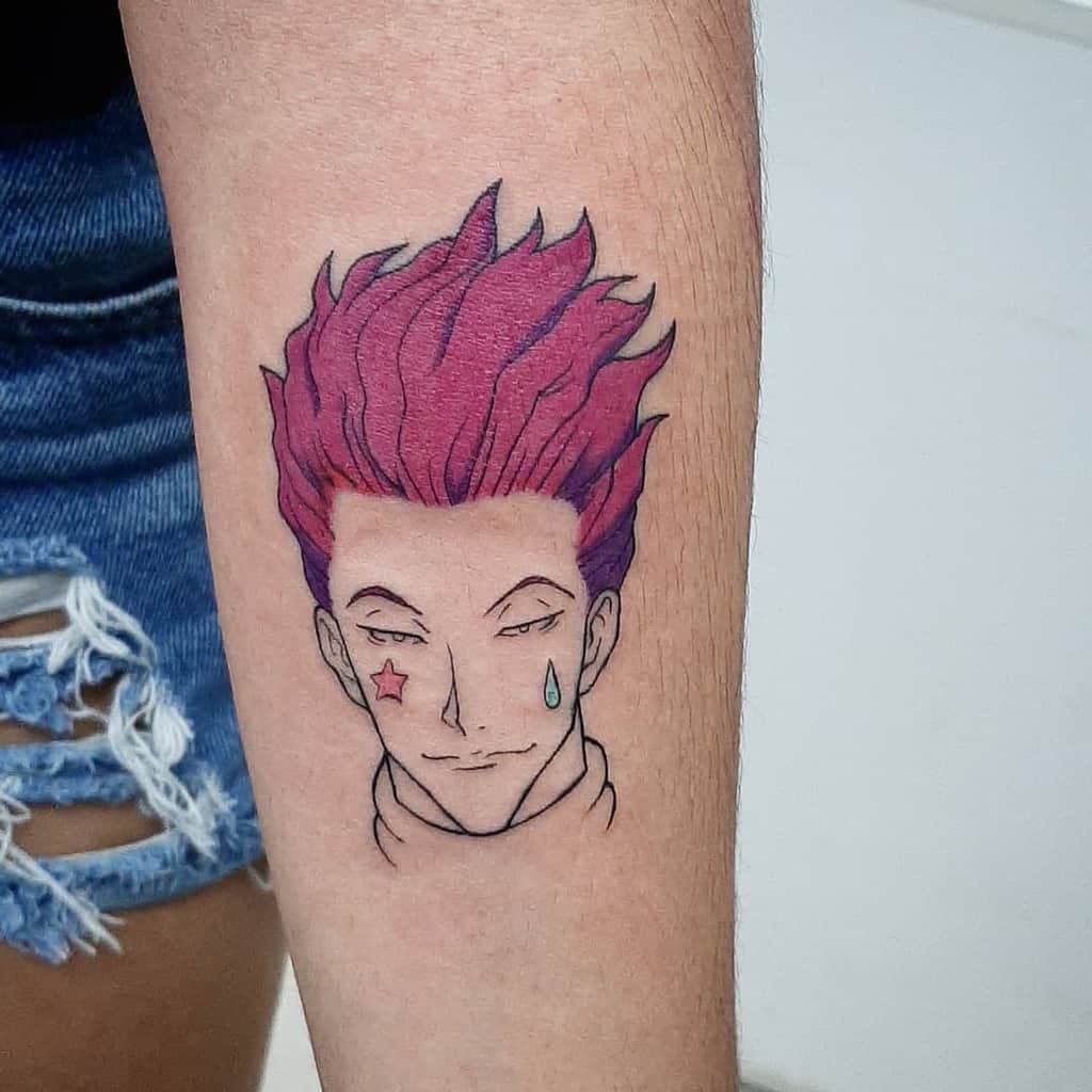Simple and clean Hisoka Morow tattoo from Hunter X Hunter, highlighting his signature pink hair, star, and tear marks