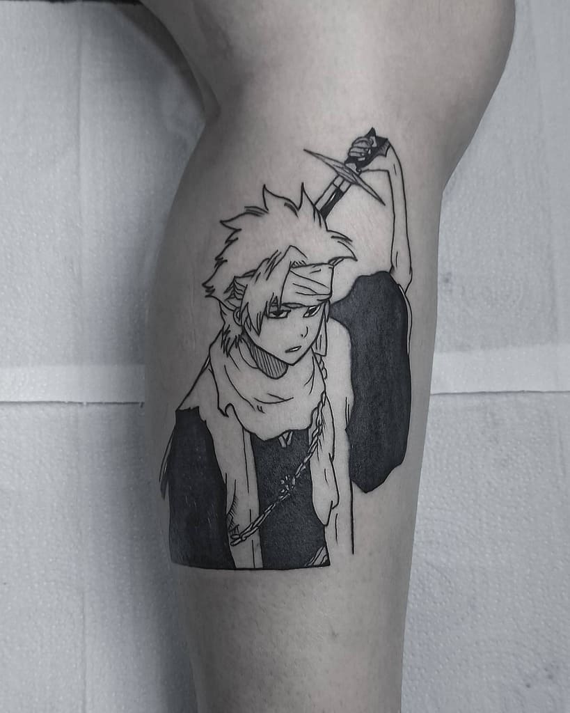Black ink manga panel tattoo of Toshiro Hitsugaya from Bleach, featuring a battle-worn look with a headband and drawn sword
