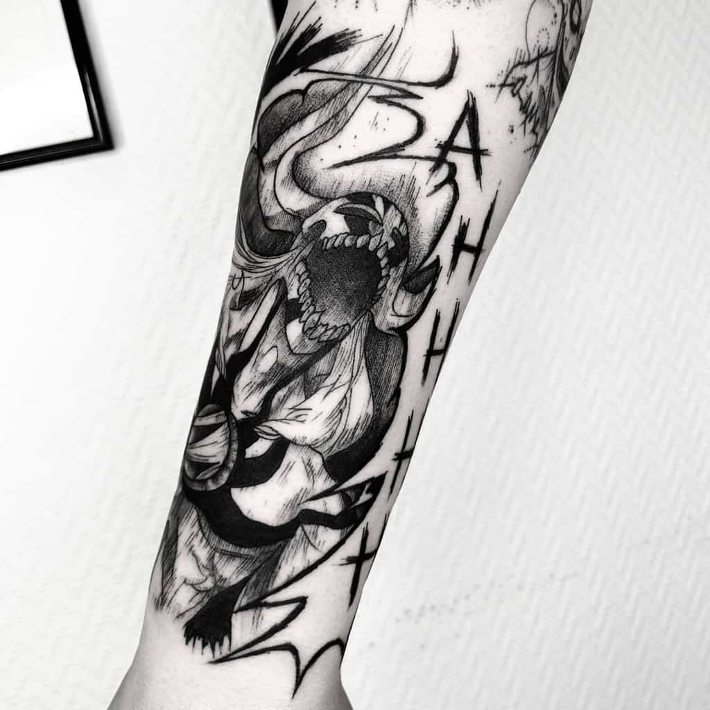 Black and grey tattoo of Hollow Ichigo from Bleach, featuring his menacing open-mouthed scream, intense shading, and chaotic energy , with 'AHHHH' text