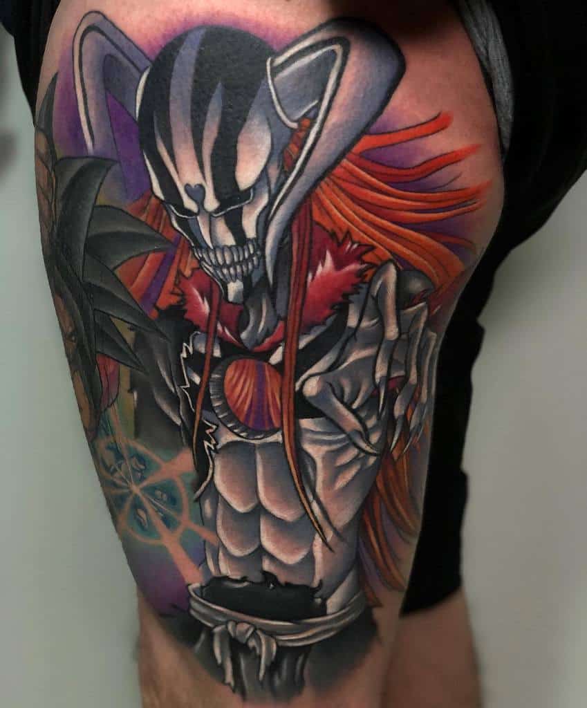 Detailed colorful tattoo of Ichigo Kurosaki’s Vasto Lorde form from Bleach, featuring his skeletal mask, glowing Hollow hole, and fiery hair
