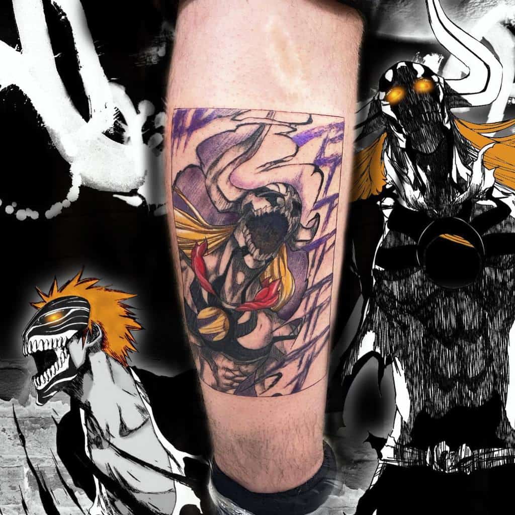 Vibrant tattoo of Ichigo Kurosaki’s Vasto Lorde form from Bleach, featuring sharp teeth, glowing eyes, and chaotic energy with purple accents 
