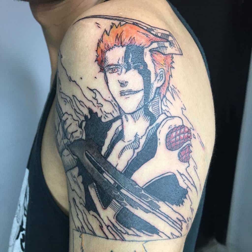 Black, red and orange ink tattoo of Ichigo Kurosaki from Bleach, featuring his Hollow mask partially forming, with intense shading and battle-ready stance