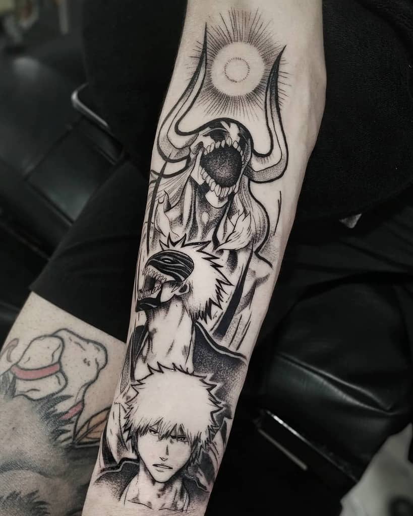 Black and grey tattoo of Ichigo Kurosaki from Bleach, showcasing his three forms—human, Hollow mask, and Vasto Lorde—with detailed shading