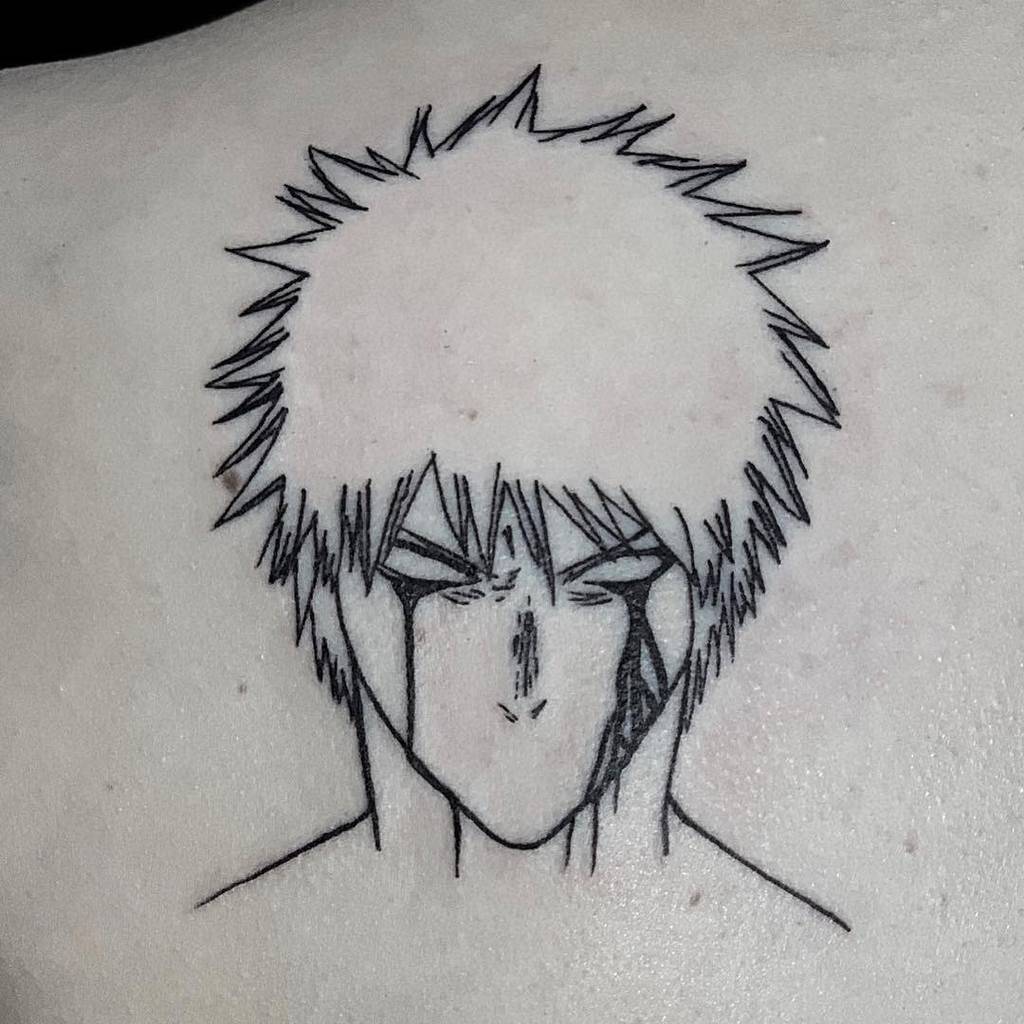Minimalist black ink tattoo of Ichigo Kurosaki from Bleach, featuring his final Getsuga Tensho form with sharp lines and Hollow-like facial markings