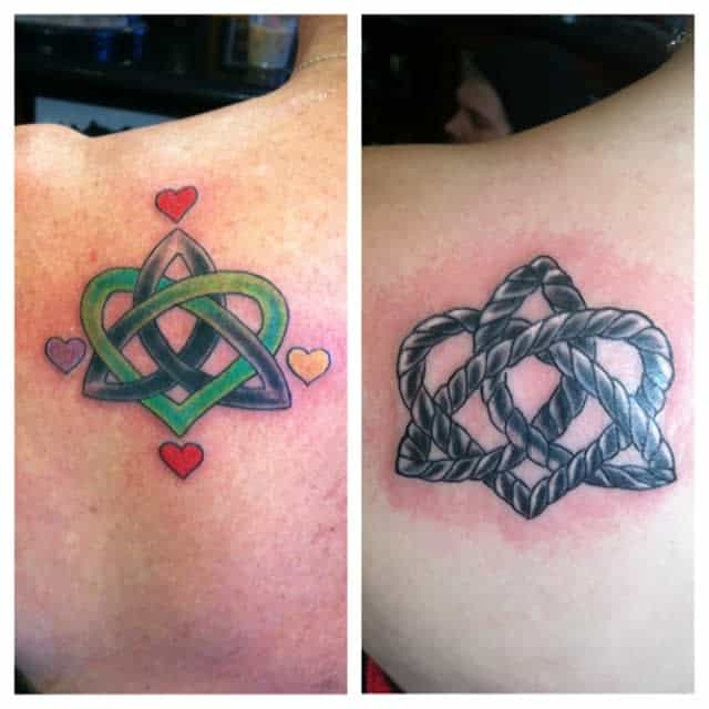 Two shoulder tattoos featuring intricate knot designs, one in color and the other in black and gray, symbolizing an infinity of love