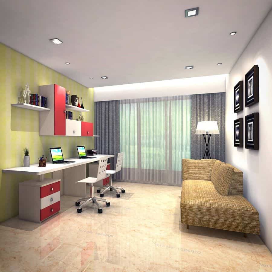 modern home office with desk and sofa