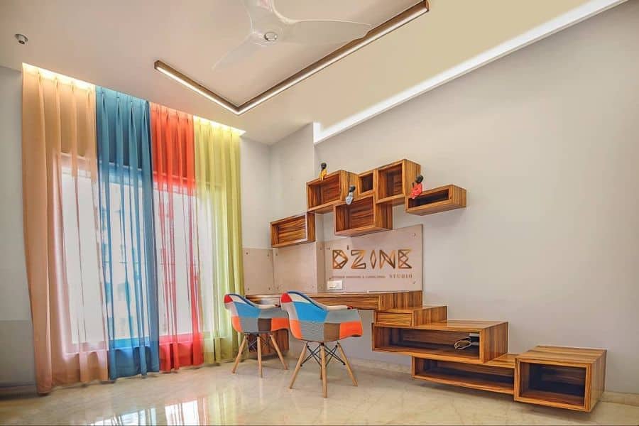 boys home office setup with wood box shelves