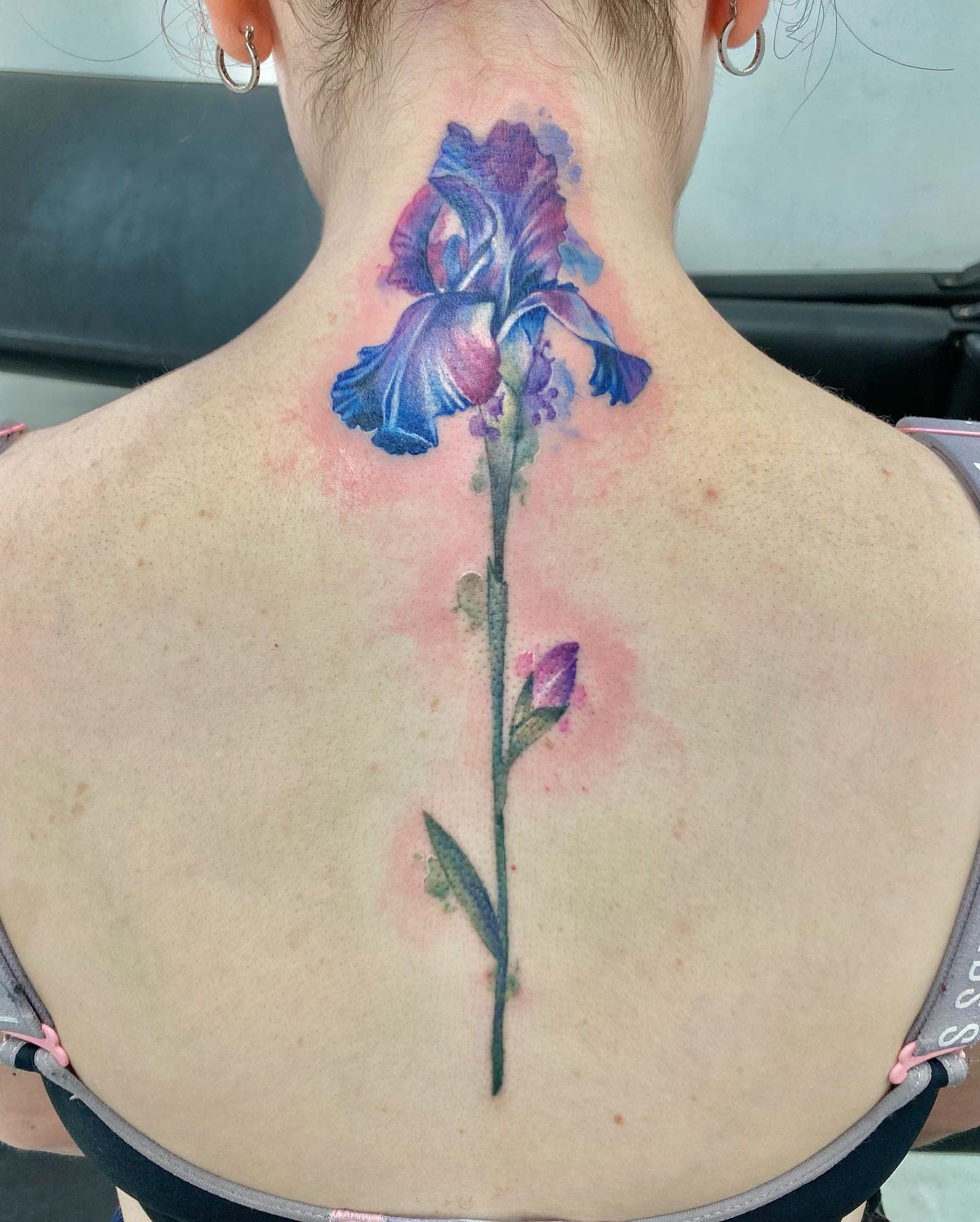 Back tattoo of a purple iris flower with green stem and pink hues on pale skin