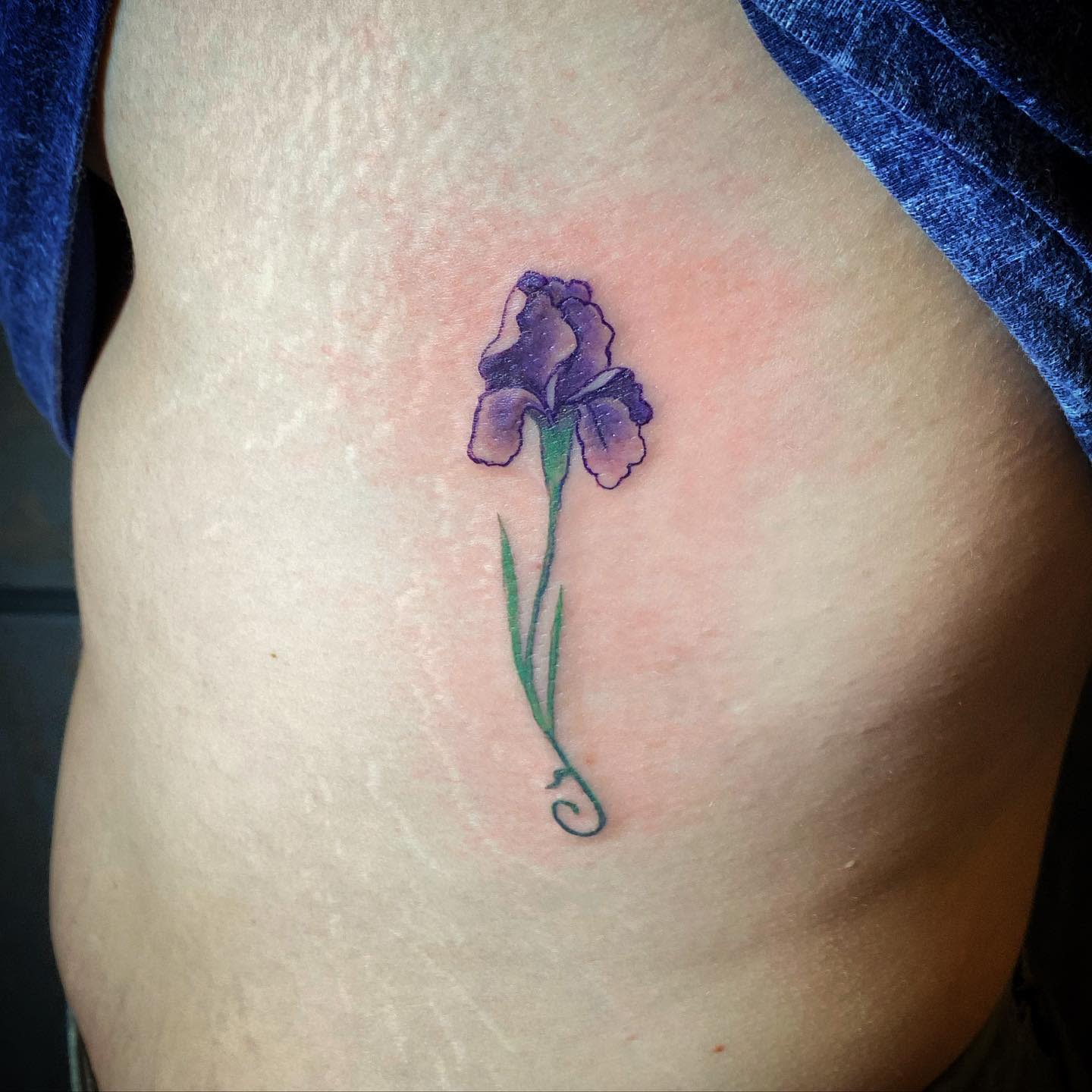 A purple iris flower tattoo with a green stem on the side