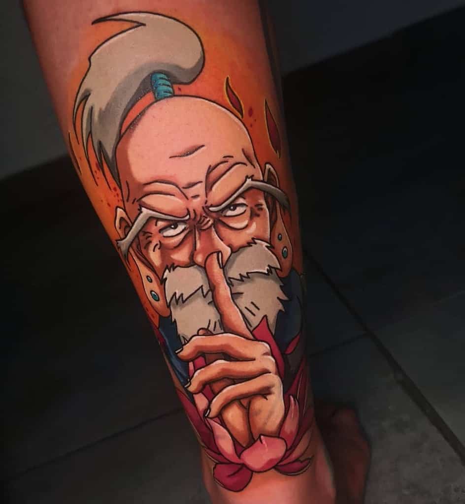 Vibrant Isaac Netero tattoo from Hunter X Hunter, showcasing his iconic meditative pose, detailed expression, and fiery background