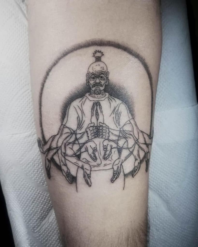 Intricate Isaac Netero tattoo from Hunter X Hunter, showcasing his meditative pose with multiple arms and fine black line detailing