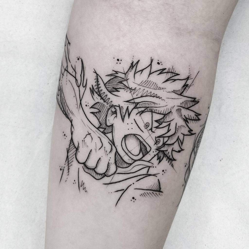 Black and grey manga-style tattoo of Izuku Midoriya from My Hero Academia, showing him mid-action with a determined expression and clenched fist