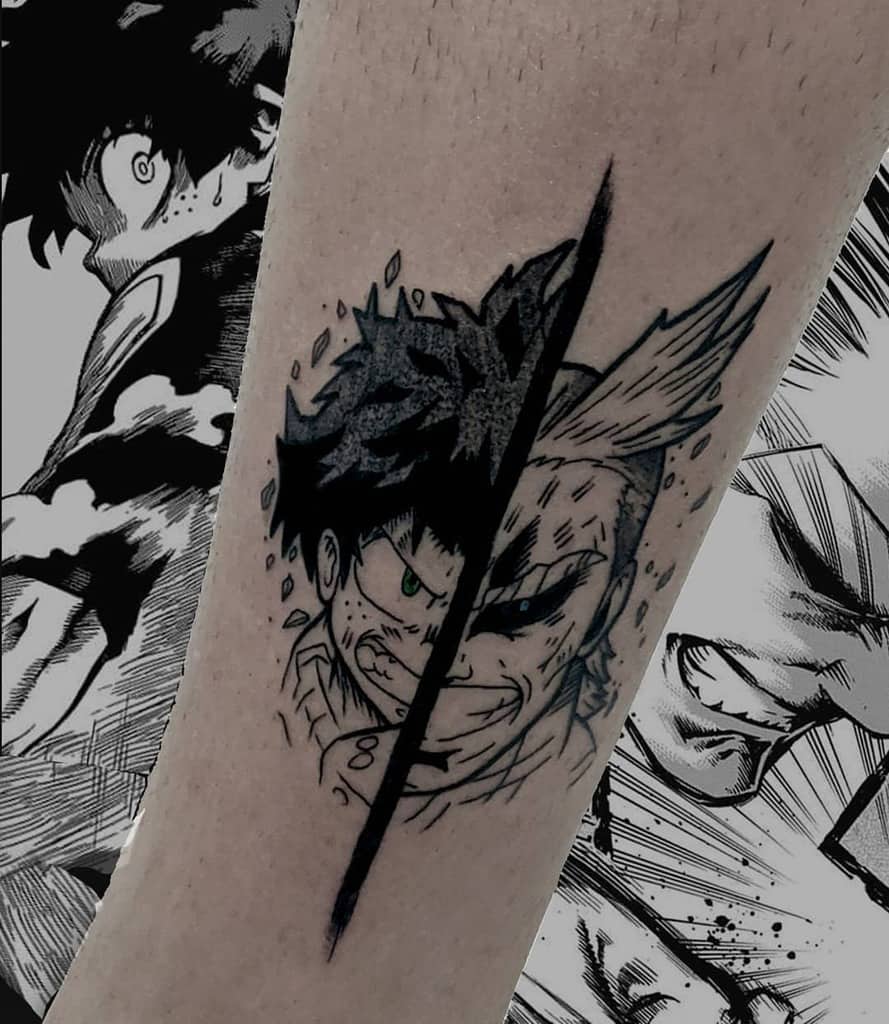 Black and grey manga-style tattoo of Izuku Midoriya and All Might from My Hero Academia, split down the middle to show their transformation