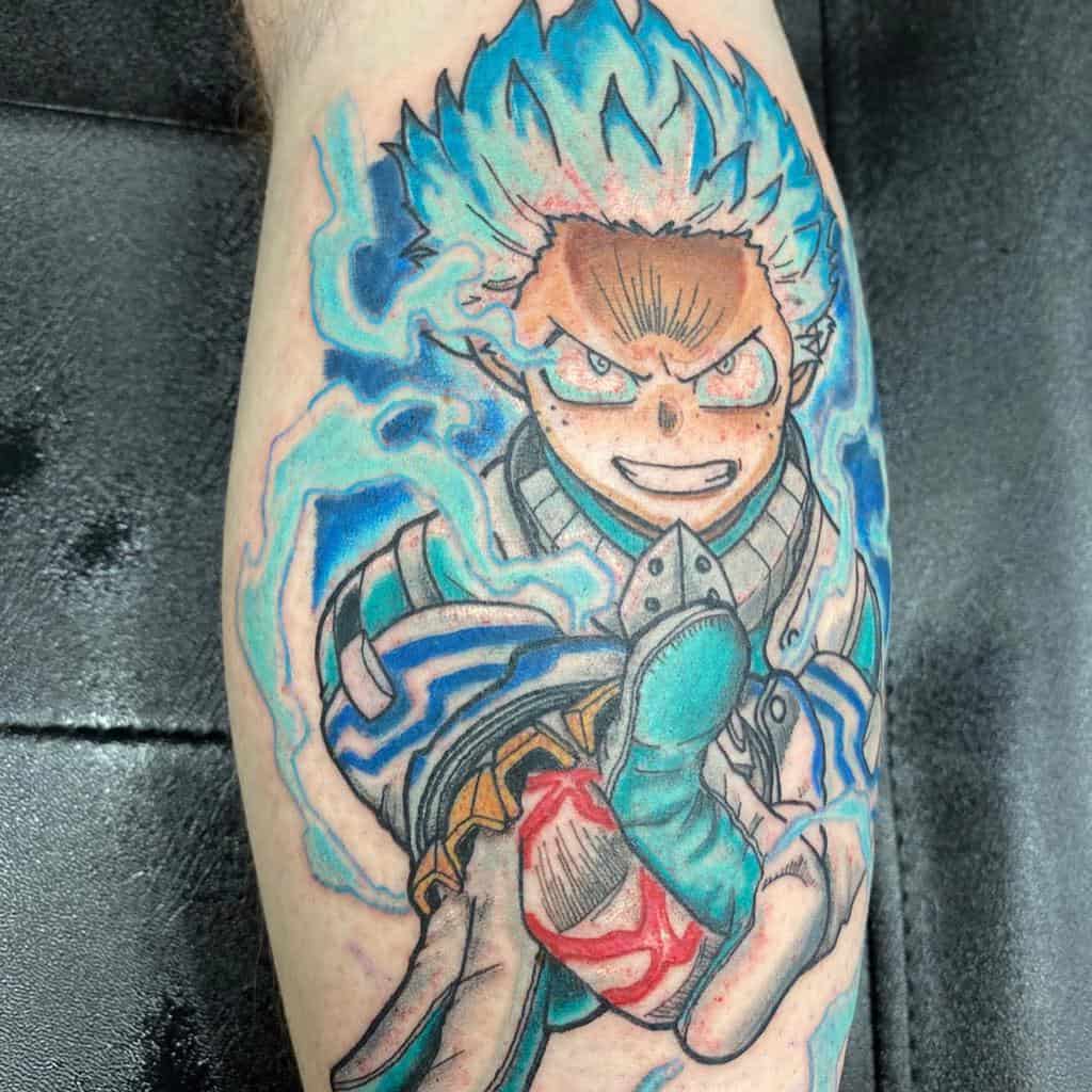 Vibrant tattoo of Izuku Midoriya from My Hero Academia, surrounded by glowing blue energy, with a determined expression and battle-ready pose