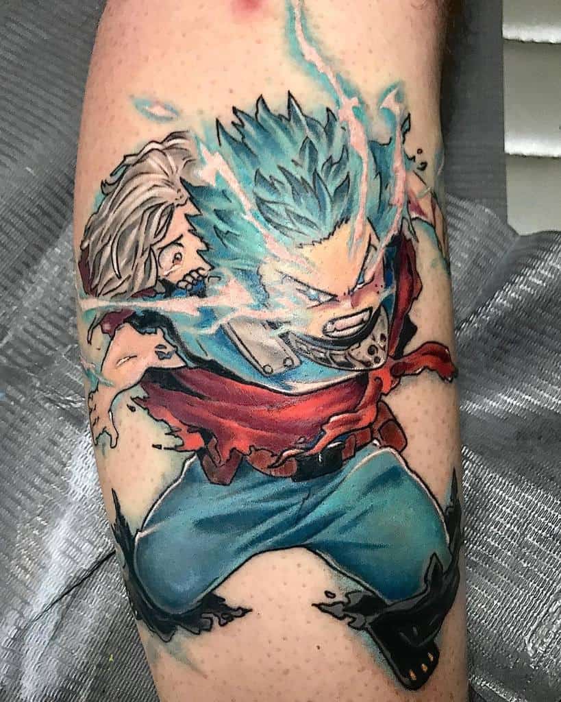 Dynamic tattoo of Izuku Midoriya from My Hero Academia using One For All at full power, with Eri on his back and blue energy surrounding them