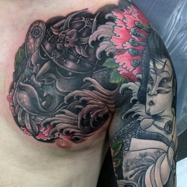 Japanese Geisha And Samurai Tattoo Males Chest Arms