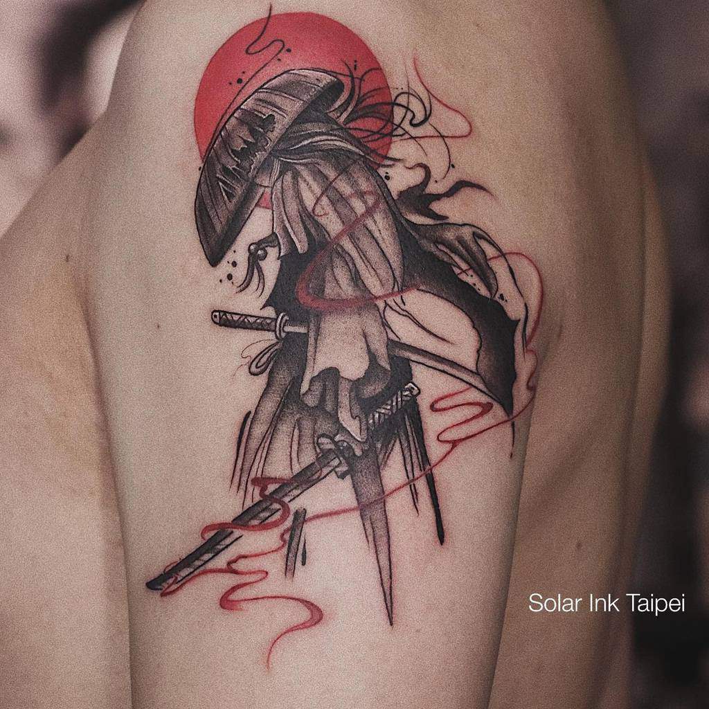 Tattoo of a samurai with a red sun in the background and swirling red accents