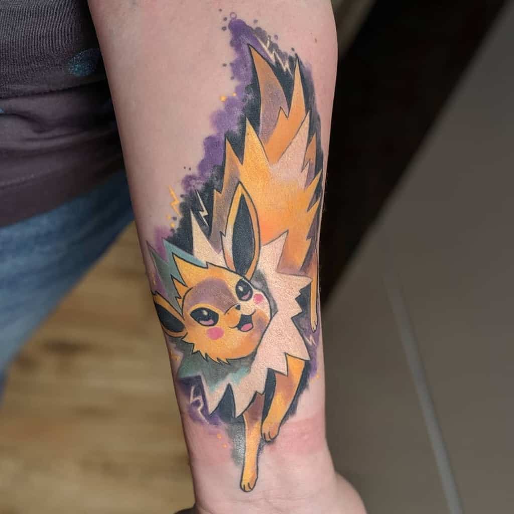 Dynamic Jolteon tattoo with bold yellow and black tones, surrounded by electric purple splashes for a high-energy effect