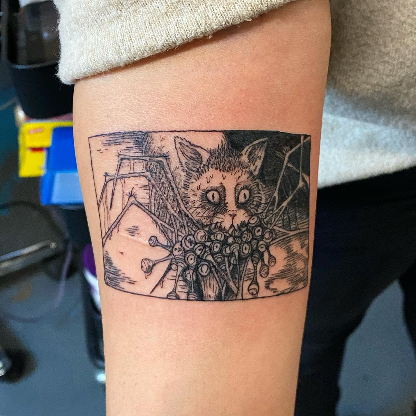 Forearm tattoo of a cat entangled with a spider-like creature, inspired by Junji Ito's horror art