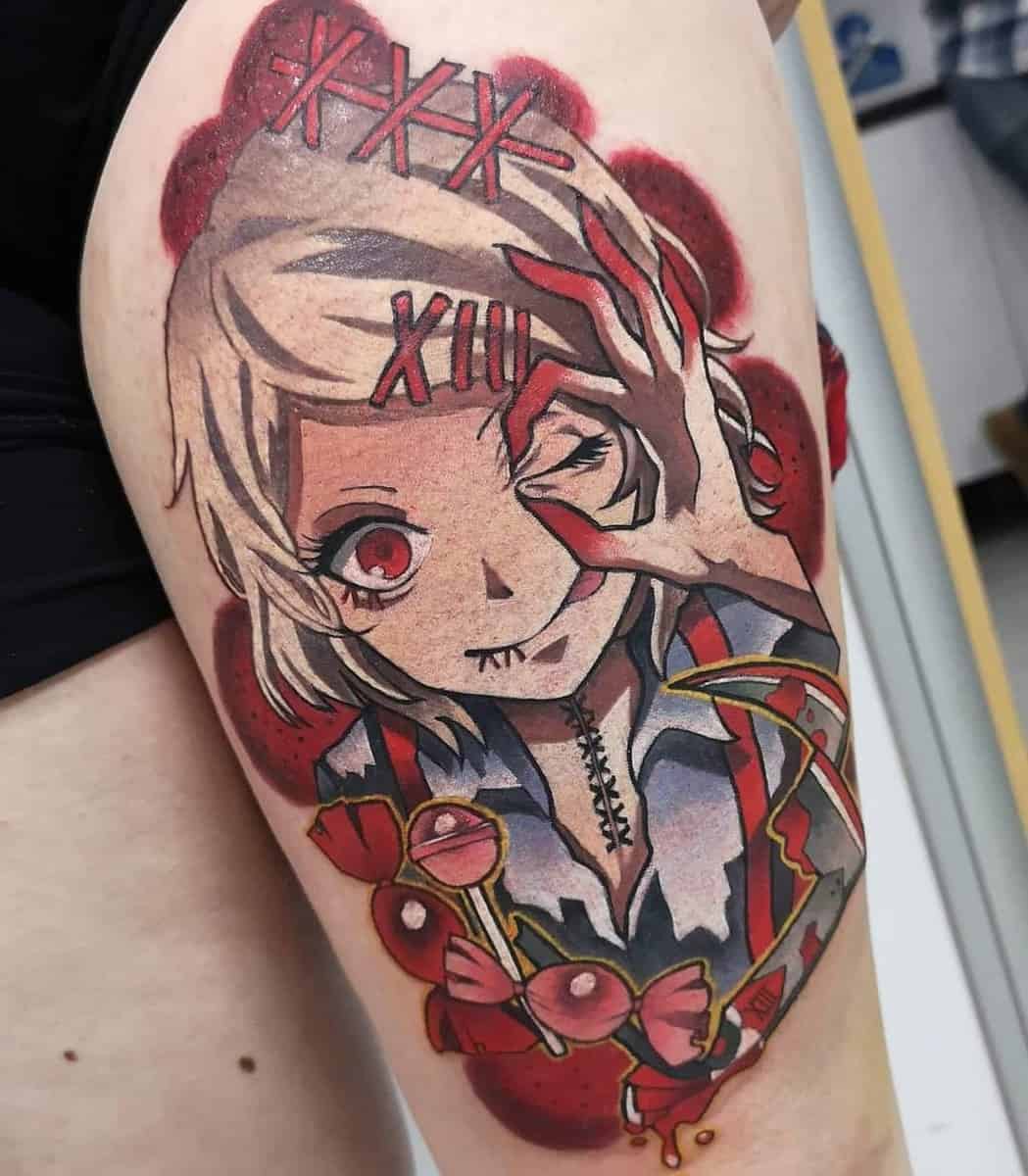 Thigh tattoo of Juuzou Suzuya from Tokyo Ghoul, featuring his red stitches and playful pose