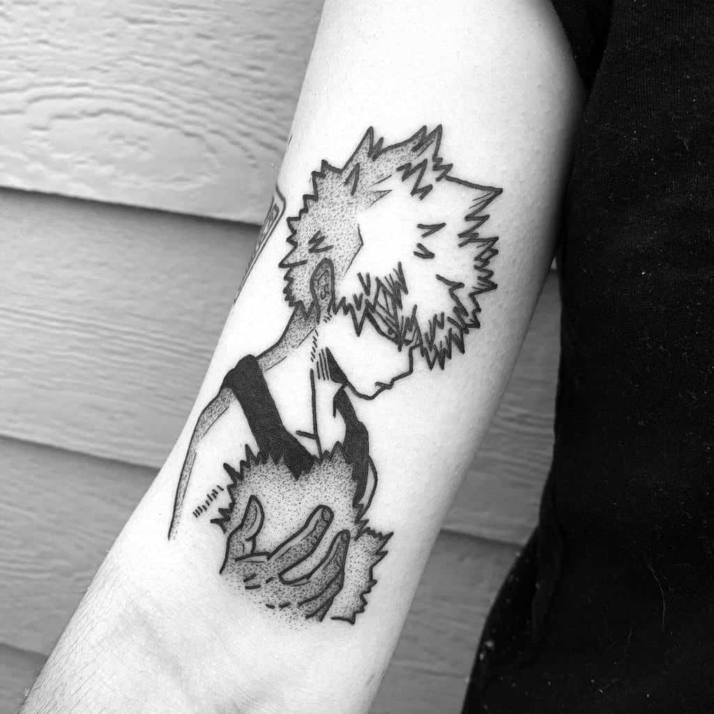 Black and grey tattoo of Katsuki Bakugo from My Hero Academia, featuring him in a contemplative pose, holding a small explosion in his hand