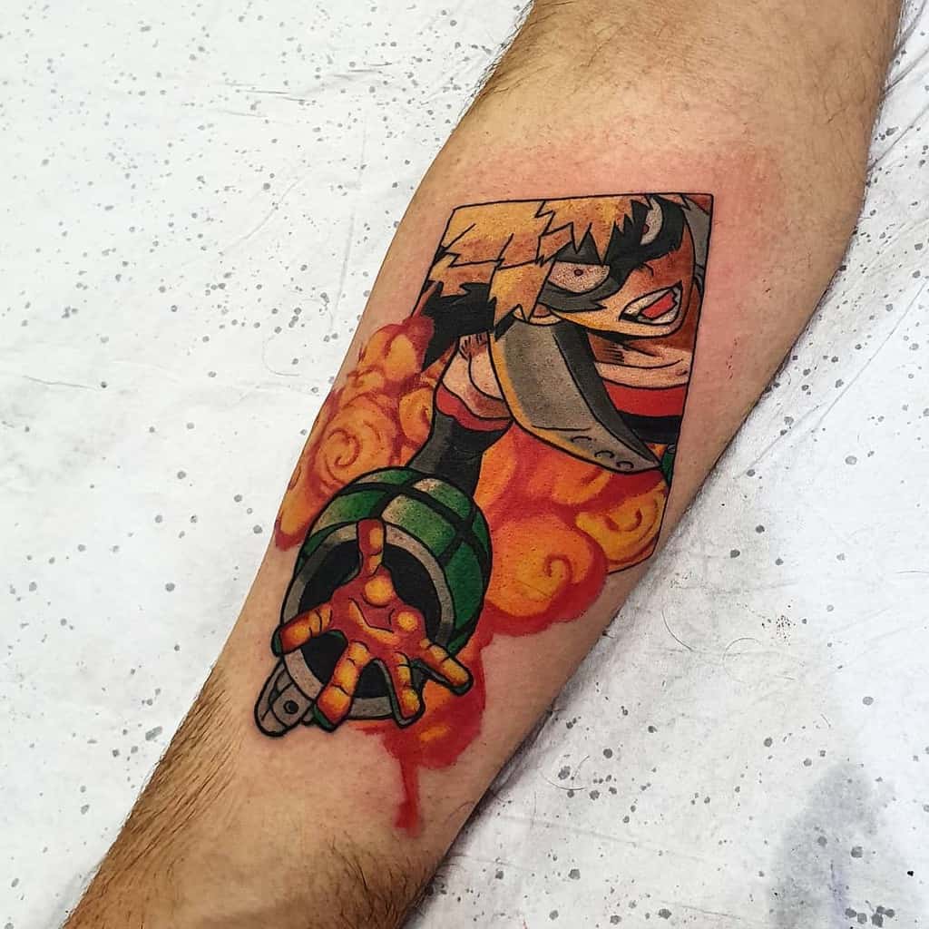 Dynamic tattoo of Katsuki Bakugo from My Hero Academia, mid-explosion with fiery orange smoke, intense expression, and grenade gauntlet