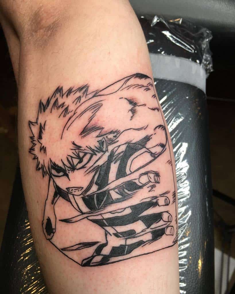 Black ink manga-style tattoo of Katsuki Bakugo from My Hero Academia, mid-battle with an intense expression and dynamic hand positioning