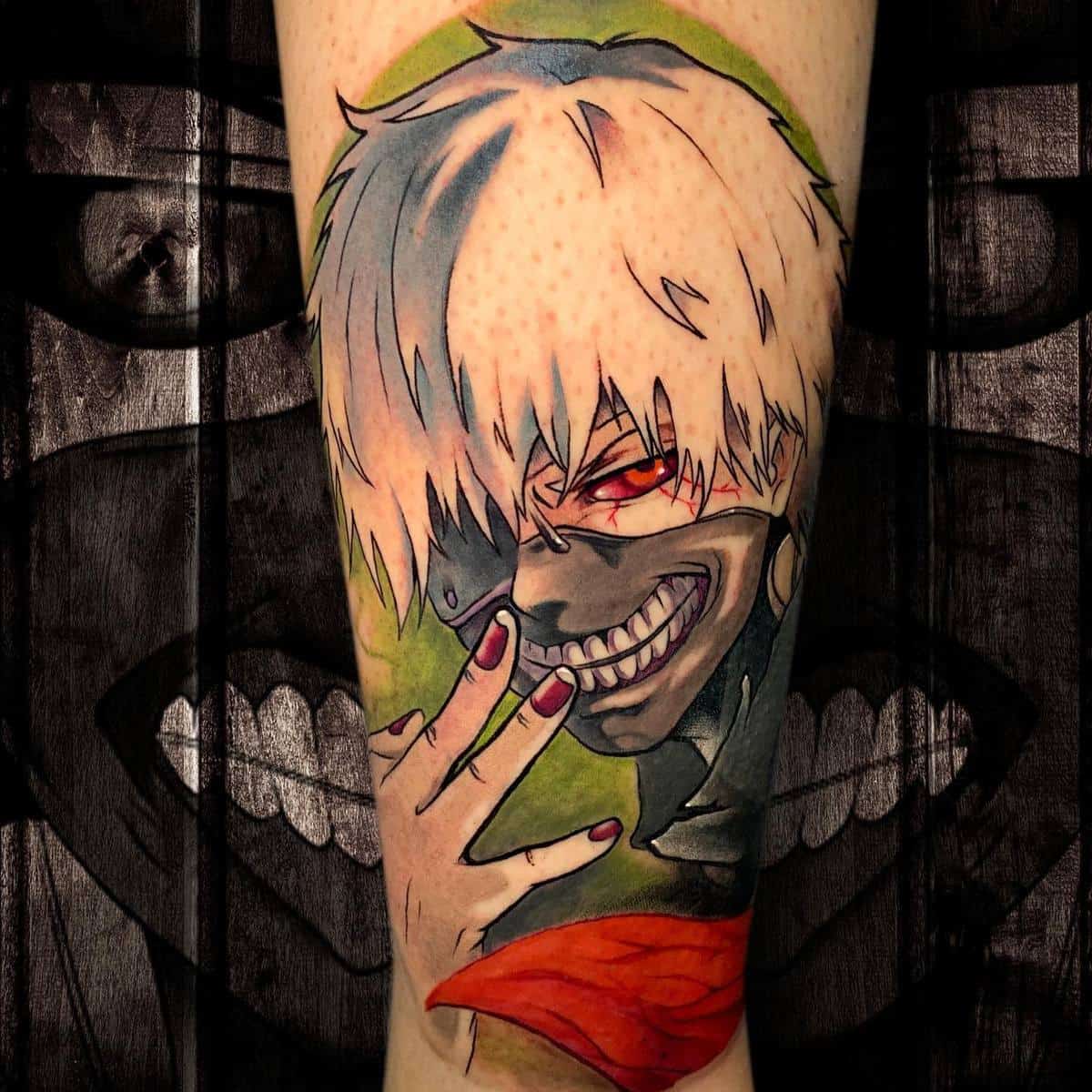 Forearm tattoo of Kaneki Ken from Tokyo Ghoul, with his signature grin and red highlights on a green background
