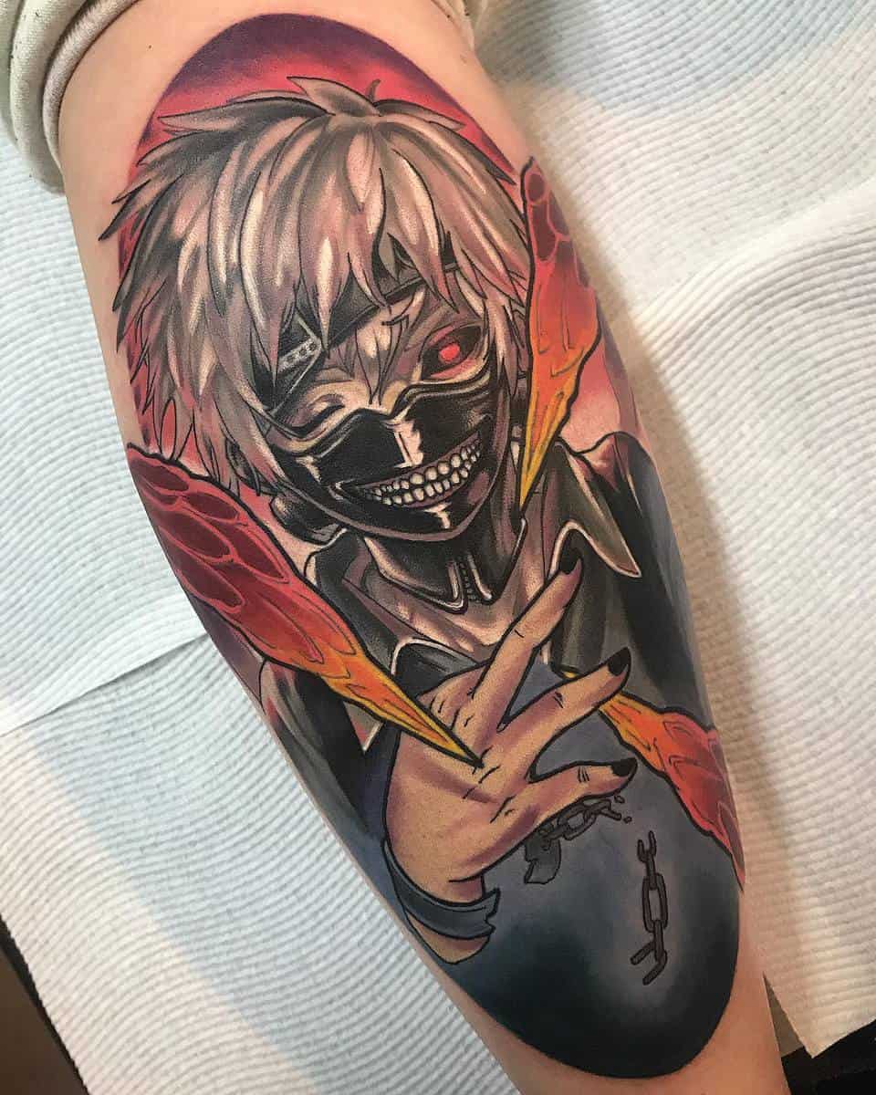 Leg tattoo of Kaneki Ken from Tokyo Ghoul, featuring his ghoul mask and fiery kagune in vivid colors