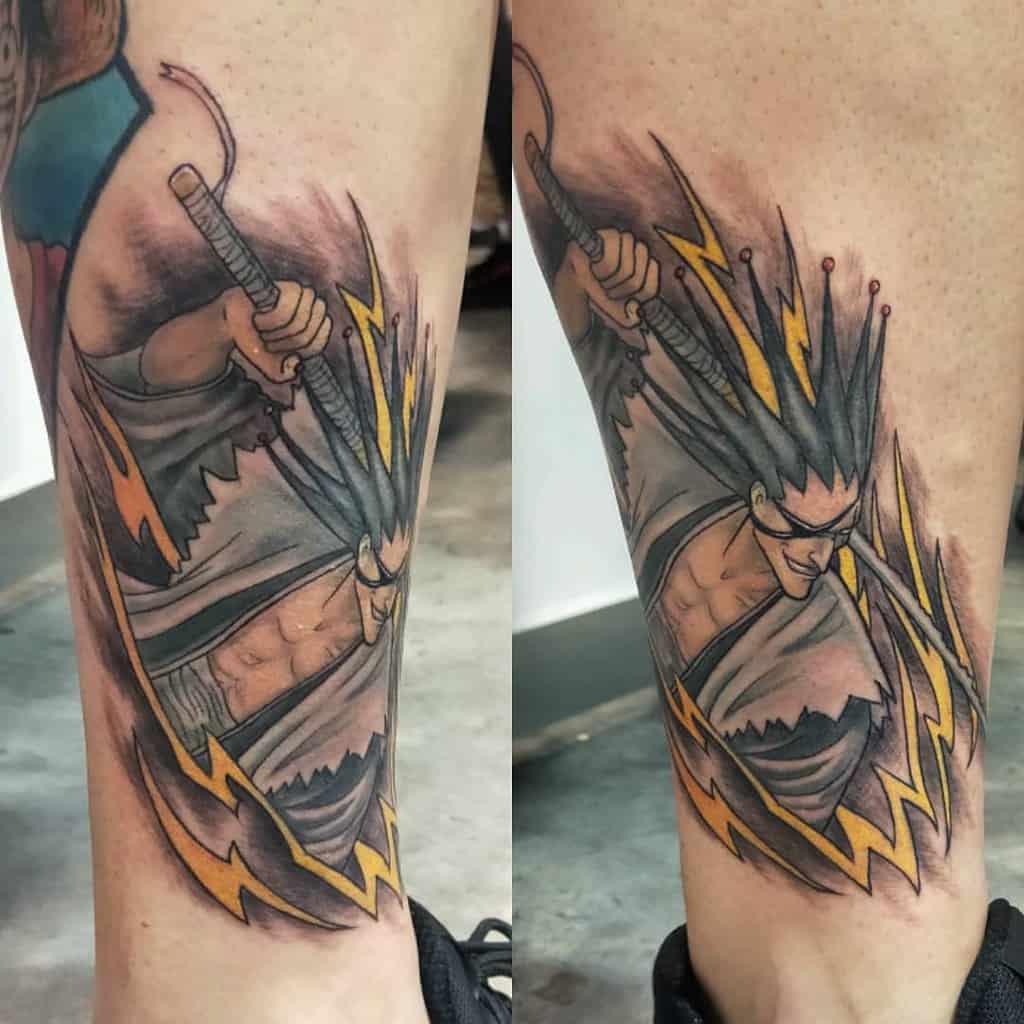Dynamic colorful tattoo of Kenpachi Zaraki from Bleach, featuring his spiked hair, eyepatch, and sword, surrounded by yellow lightning energy